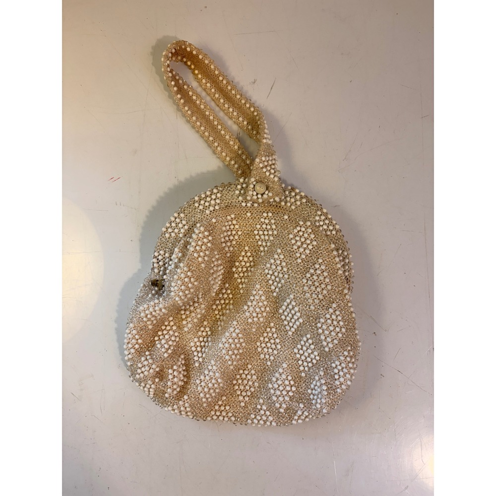 Vintage Beaded Wristlet Clutch Cream White Diamond Pattern Evening Bag 5.5" - Picture 1 of 8